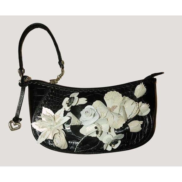 Brighton Leather Floral Embellished Black Retired Calista Croc Embossed Wristlet - Picture 1 of 10